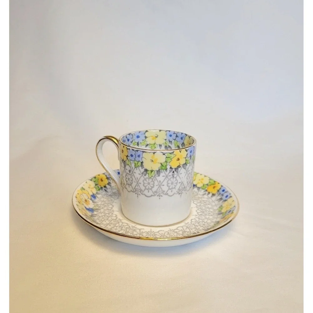 Vintage Crown‎ Staffordshire Demitasse Set Yellow Blue Flowers
